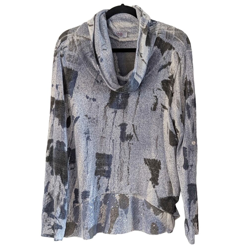 Scandal Made in Italy Mixed Media Cowl Neck Knit Top Medium Sequin Hem Roll Tab
